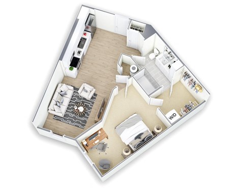 A 3D floor plan of a house with a kitchen, living room, and bathroom.