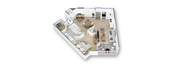 A 3D floor plan of a house with a kitchen, living room, and bathroom.