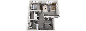 3D 1 bedroom floorplan. entrance hallway with doors to bathroom. Study with two closets on opposite side of hallway. W/D also in hallway. Kitchen overlooking dining/living area. Bedroom leads to Walk-in closet which leads to bathroom with linen shelving.