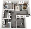 The Kentucky 3D 1 bedroom floorplan. entrance hallway with doors to bathroom. Study with two closets on opposite side of hallway. W/D also in hallway. Kitchen overlooking dining/living area. Bedroom leads to Walk-in closet which leads to bathroom with linen shelving.