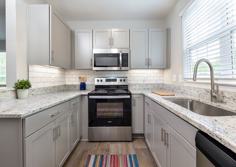 A modern kitchen with a stove and microwave built into the cabinetry.