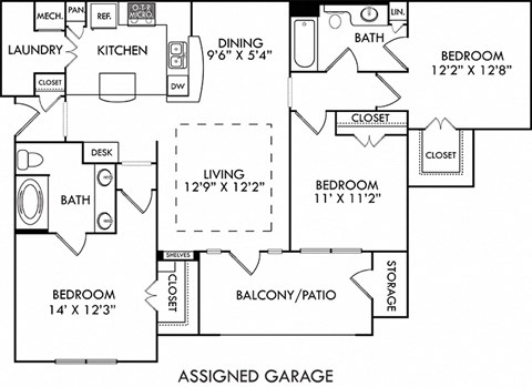 a floor plan of a house with bedrooms and baths and a garage