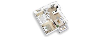 A floor plan of a two-bedroom apartment with a living room, kitchen, and bathroom.