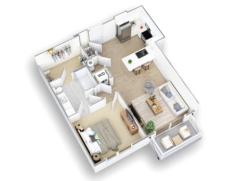 A floor plan of a two-bedroom apartment with a living room, kitchen, and bathroom.