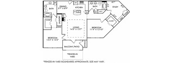 The London with Study and Fenced-in Yard. 2 bedroom apartment. Kitchen with bartop open to living/dining rooms. Study room. 2 full bathrooms, double vanities. Walk-in closets. Patio/balcony.