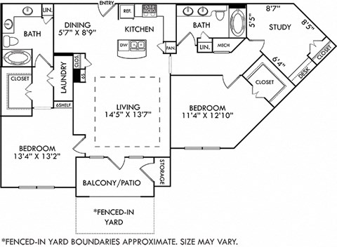 The London with Study and Fenced-in Yard. 2 bedroom apartment. Kitchen with bartop open to living/dining rooms. Study room. 2 full bathrooms, double vanities. Walk-in closets. Patio/balcony.