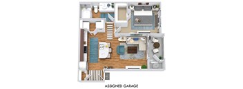 The Lonestar with Assigned Garage 3D. 1 bedroom apartment. Kitchen with island open to living room. 1 full bathroom. Walk-in closet. Patio/balcony.