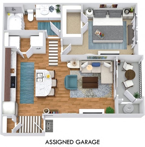 The Lonestar with Assigned Garage 3D. 1 bedroom apartment. Kitchen with island open to living room. 1 full bathroom. Walk-in closet. Patio/balcony.