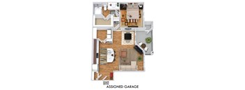 The Longhorn with Assigned Garage 3D. 1 bedroom apartment. Kitchen with island open to living/dinning rooms. 1 full bathroom. Walk-in closet. Patio/balcony.