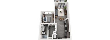 3D 1 bedroom floorplan. entrance open to kitchen, which leads to living/dining area. bedroom leading to bathroom with linen shelves. leading to walk-in closet with stackable w/d.