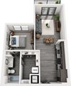 The Louisiana 3D 1 bedroom floorplan. entrance open to kitchen, which leads to living/dining area. bedroom leading to bathroom with linen shelves. leading to walk-in closet with stackable w/d.