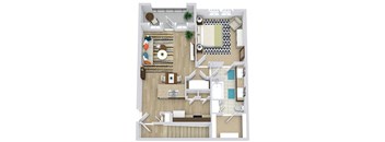 an overhead view of an upstairs 1 bedroom 1 bath apartment. kitchen with peninsula overlooking living area. Laundry closet in short hallway. guest access and bedroom access to bathroom. closet off of bathroom. Patio and Balcony entrance off of the living room.