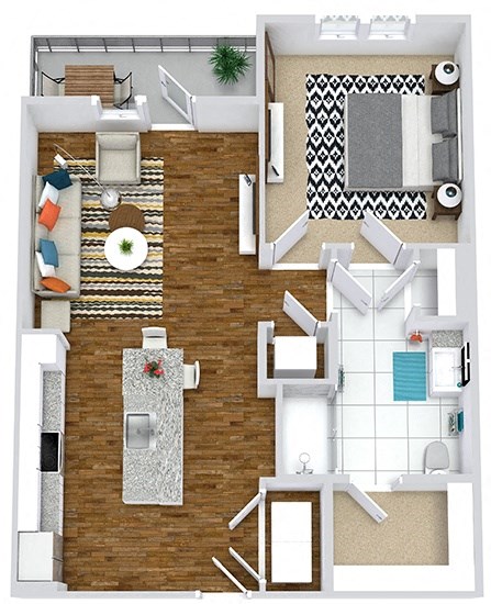 a bedroom floor plan with a bathroom and a living room