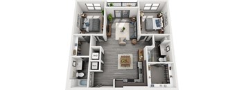 2 bedroom floorplan. L-shaped kitchen overlooking dining and living area.  bedrooms on opposite sides of the apartment. Walk-in closets. 2 bathrooms. W/D in kitchen area. Patio/Balcony.