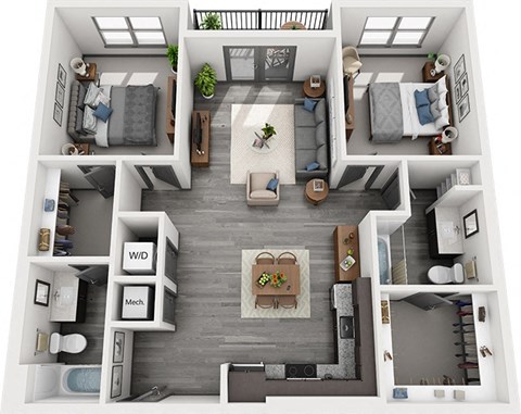 2 bedroom floorplan. L-shaped kitchen overlooking dining and living area.  bedrooms on opposite sides of the apartment. Walk-in closets. 2 bathrooms. W/D in kitchen area. Patio/Balcony.