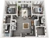 The Michigan 2 bedroom floorplan. L-shaped kitchen overlooking dining and living area. bedrooms on opposite sides of the apartment. Walk-in closets. 2 bathrooms. W/D in kitchen area. Patio/Balcony.