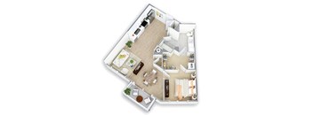 A top down view of a house interior with a kitchen, living room, and dining area.