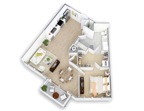 A top down view of a house interior with a kitchen, living room, and dining area.