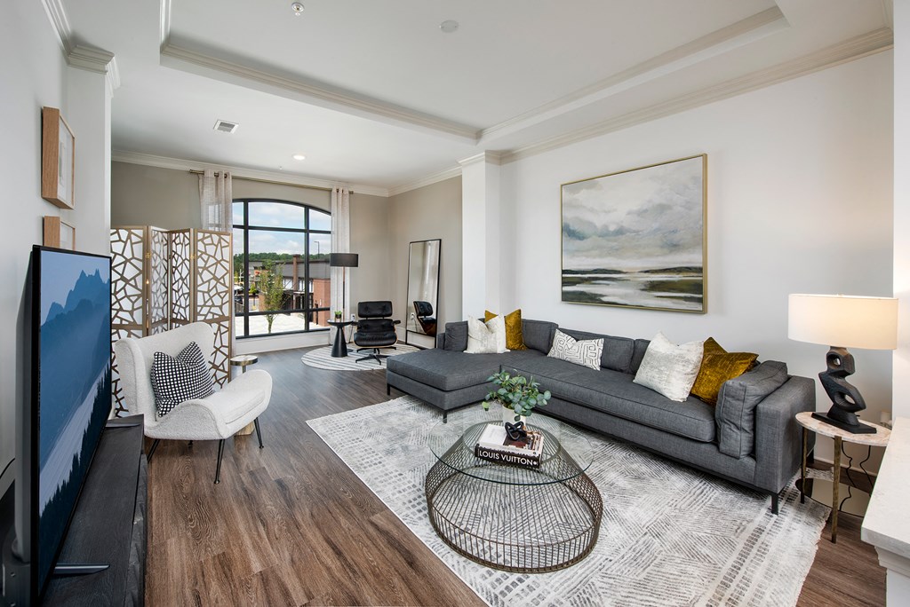 a living room with a gray couch and a tv