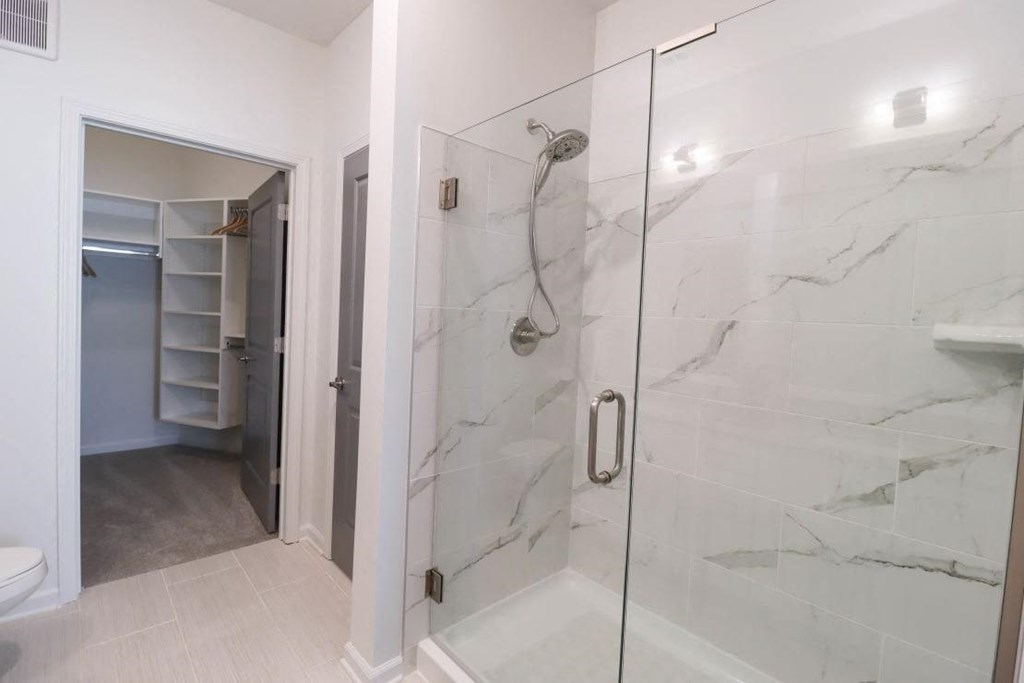 a bathroom with a shower and a closet