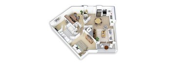 A top-down view of a house layout with a kitchen, living room, dining room, and bedrooms.