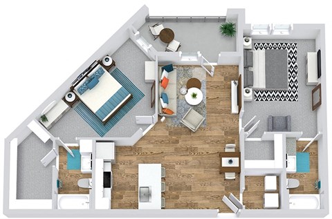2 bedroom 2 bath 3d floorplan with kitchen overlooking dining/living area. private baths. w.i.c. full size washer/dryer. patio/balcony