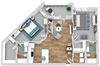 2 bedroom 2 bath 3d floorplan with kitchen overlooking dining/living area. private baths. w.i.c. full size washer/dryer. patio/balcony