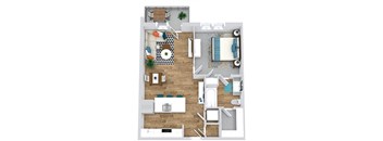 1 Bedroom 3D floorplan with kitchen and island peninsula bedroom with private bath. Walk-in Closet. Patio/Balcony.