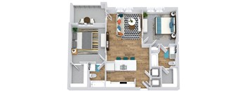2 bedroom 2 bath 3d floorplan. kitchen with island peninsula overlooking dining/living area. private baths and w.i.c. Full size washer/dryer. patio/balcony