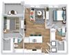 2 bedroom 2 bath 3d floorplan. kitchen with island peninsula overlooking dining/living area. private baths and w.i.c. Full size washer/dryer. patio/balcony