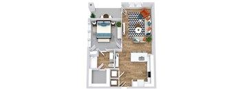 1 bedroom 3D floorplan with u-shaped kitchen with island peninsula overlooking dining/living. bedroom with private bath and w.i.c. balcony/patio. full size washer/dryer.