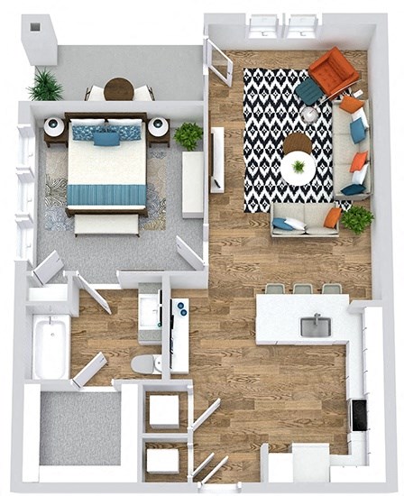 1 bedroom 3D floorplan with u-shaped kitchen with island peninsula overlooking dining/living. bedroom with private bath and w.i.c. balcony/patio. full size washer/dryer.