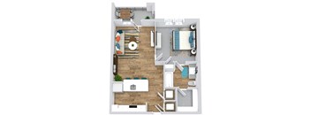 1 bedroom 3D floorplan with kitchen with peninsula island overlooking living/dining area. bedroom with private bath into w.i.c. balcony/patio. full size w/d.