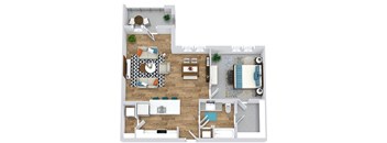 1 bedroom 3D floorplan with u-shaped kitchen with island peninsula overlooking dining/living. bedroom with private bath and w.i.c. balcony/patio. full size washer/dryer.