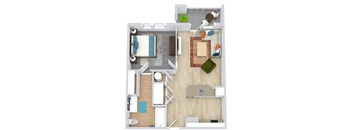 A floor plan of a small apartment with a bedroom, living room, and bathroom.