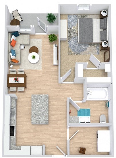 the 1 bedroom 1 bath barkley floorplan. entry opens into kitchen area with l-shaped kitchen and island. overlooking living area and entrance to patio or balcony. bedroom has walk in closet. full size washer/dryer in laundry room. bathroom has garden style tub.