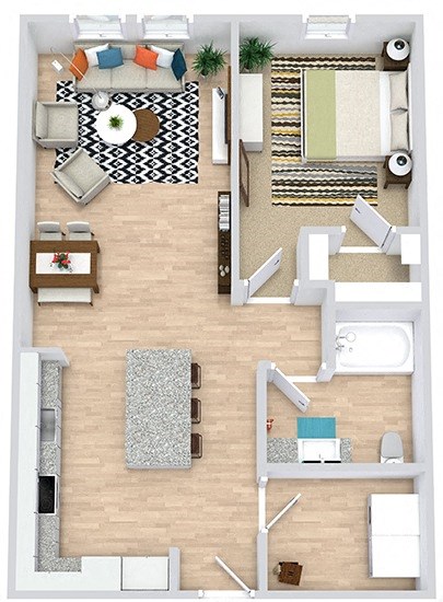 the 1 bedroom 1 bath Douglas foorplan. entry opens into kitchen area with l-shaped kitchen and island. overlooking living area and entrance to bedroom has walk in closet. full size washer/dryer in laundry room. bathroom has garden style tub.