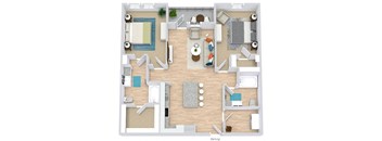 the 2 bedroom 2 bath hickory floorplan. entrance opens to l-shaped kitchen with island that overlooks the living area and entrance to patio/balcony. bedrooms on either side of the floorplan. Walk-in closets in each bedroom. guest access to secondary bathroom off of living area.