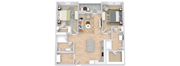 the 2 bedroom 2 bath kentucky floorplan. entrance opens to l-shaped kitchen with island that overlooks the living area and entrance to patio/balcony. bedrooms on either side of the floorplan. Walk-in closets in each bedroom. guest access to secondary bathroom off of living area.  Laundry room with full size washer/dryer next to entrance of home.