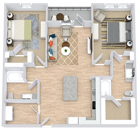 the 2 bedroom 2 bath kentucky floorplan. entrance opens to l-shaped kitchen with island that overlooks the living area and entrance to patio/balcony. bedrooms on either side of the floorplan. Walk-in closets in each bedroom. guest access to secondary bathroom off of living area.  Laundry room with full size washer/dryer next to entrance of home.