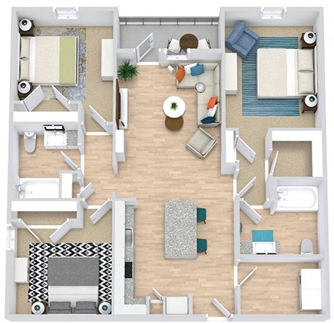 an overhead view of a 3d floor plan