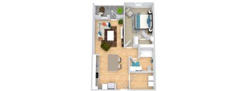 A top-down view of a living room, kitchen, and bathroom.