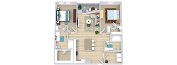 A top-down view of a house interior with a kitchen, living room, and bedrooms.
