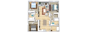 A top-down view of a house interior with a living room, dining area, kitchen, and bedrooms.