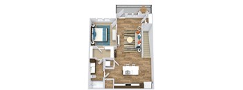 1 bedroom 2nd floor apartment. Stairs open into kitchen area with island and pantry.  island overlooks the living room. Bedroom is off of the living room. with large walk-in closet  that connects to the bathroom. Standalone glass shower with guess access door. Stackable Washer/Dryer in closet in kitchen area. Large balcony off of the living room.