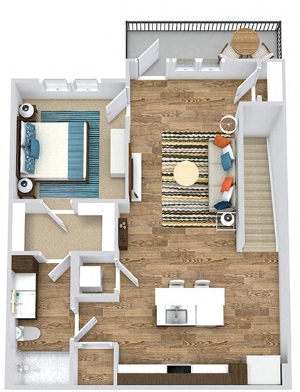 1 bedroom 2nd floor apartment. Stairs open into kitchen area with island and pantry.  island overlooks the living room. Bedroom is off of the living room. with large walk-in closet  that connects to the bathroom. Standalone glass shower with guess access door. Stackable Washer/Dryer in closet in kitchen area. Large balcony off of the living room.