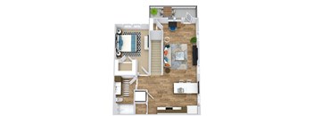 1 bedroom floorplan on 2nd floor. Stairs open into Kitchen with peninsula island. Kitchen overlooks living room area. Stackable washer/dryer in closet in kitchen. Bathroom with linen cabinet. Bedroom with large walk-in closet.