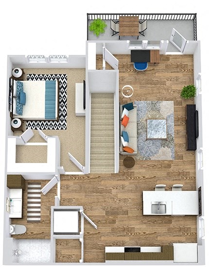 1 bedroom floorplan on 2nd floor. Stairs open into Kitchen with peninsula island. Kitchen overlooks living room area. Stackable washer/dryer in closet in kitchen. Bathroom with linen cabinet. Bedroom with large walk-in closet.