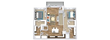 2 bedroom 2 bath 2nd floor apartment. stairwell opens into L-shaped kitchen with island overlooking living room. bedrooms on opposite sides of floorplan. master bath has private bath with dual vanity and walk-in shower. full size washer/dryer. private balcony