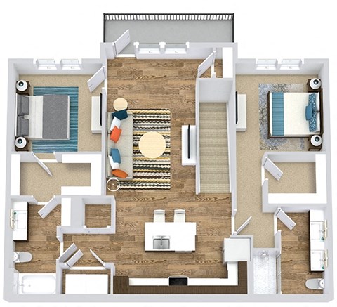 2 bedroom 2 bath 2nd floor apartment. stairwell opens into L-shaped kitchen with island overlooking living room. bedrooms on opposite sides of floorplan. master bath has private bath with dual vanity and walk-in shower. full size washer/dryer. private balcony